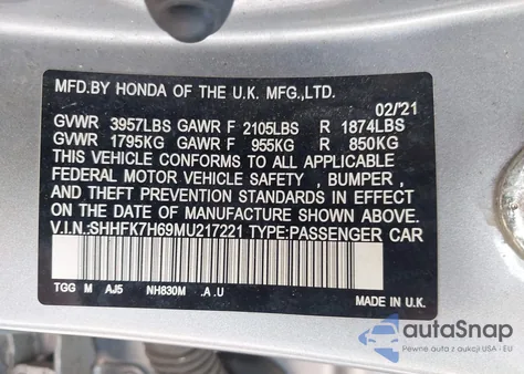 2021 Honda Civic Ex из США, поврежденный, VIN SHHFK7H69MU217221